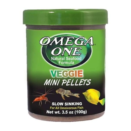 Omega One Veggie Mini Pellets 100g - granulas mazām un vidējām zivīm saldūdens un jūras akvārijos.